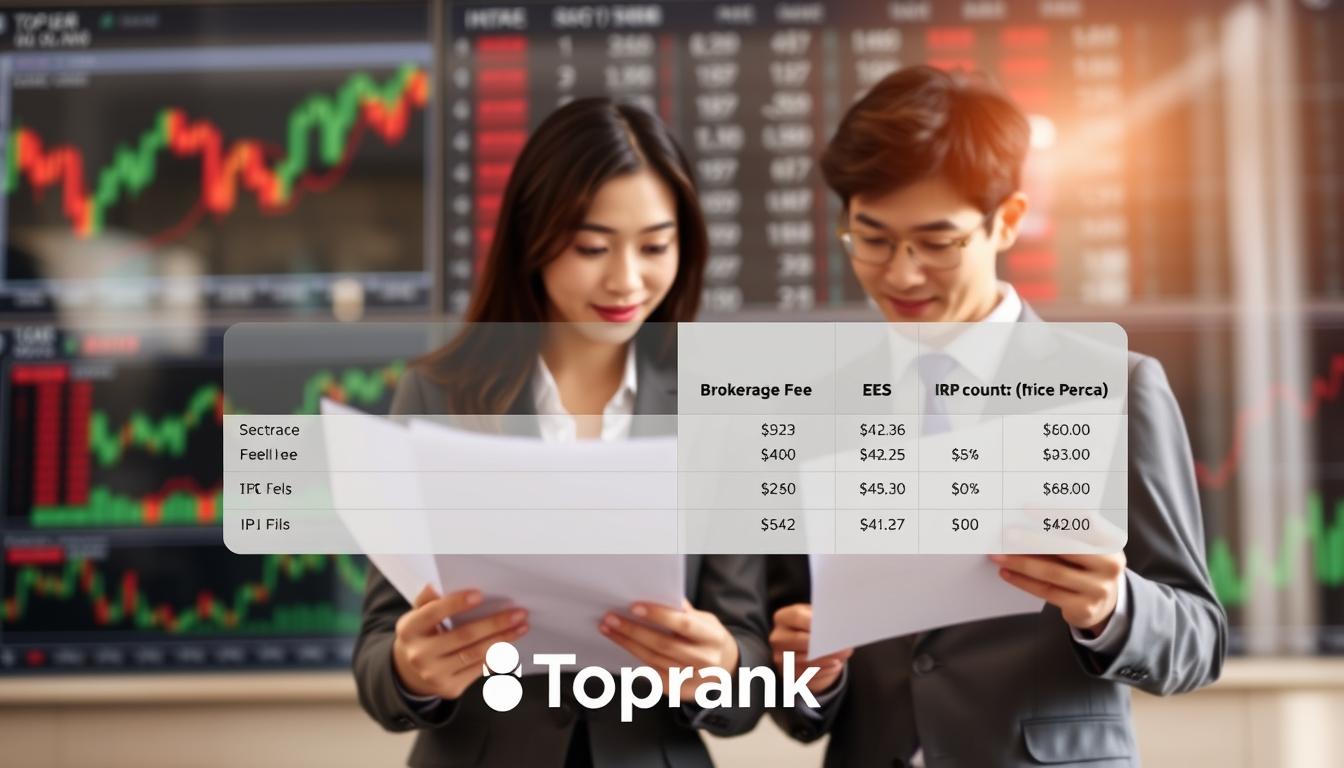 A detailed comparison of brokerage fees for IRP accounts, showcasing a clean, minimalist design. In the foreground, two professional Korean business people - a man and a woman - reviewing financial documents against a blurred background of stock charts and investment data. The lighting is soft and natural, creating a warm, authoritative atmosphere. The Toprank brand logo is subtly incorporated, lending an air of trustworthiness. The overall composition emphasizes the importance of understanding and managing IRP account fees for optimal investment returns.