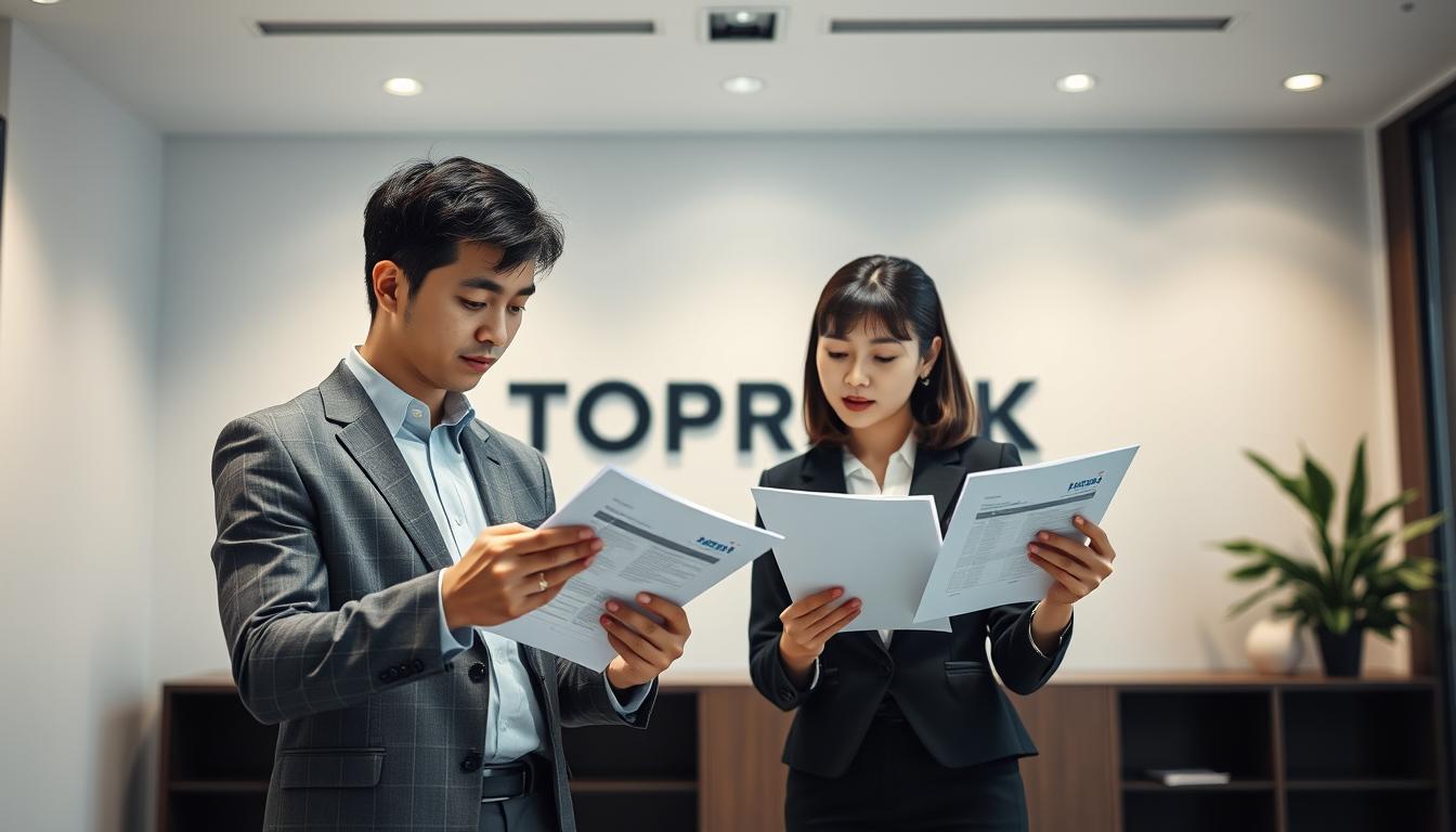 A detailed comparison of cancer insurance coverage from leading providers, showcasing a modern Korean business setting. A well-dressed male and female executive stand in a sleek, minimalist office, studying documents and discussing policy details. Soft, directional lighting illuminates the scene, creating a professional, analytical atmosphere. In the background, a large TOPRANK logo subtly reinforces the authority of the subject matter. The overall composition conveys the importance of thoroughly understanding cancer insurance options.