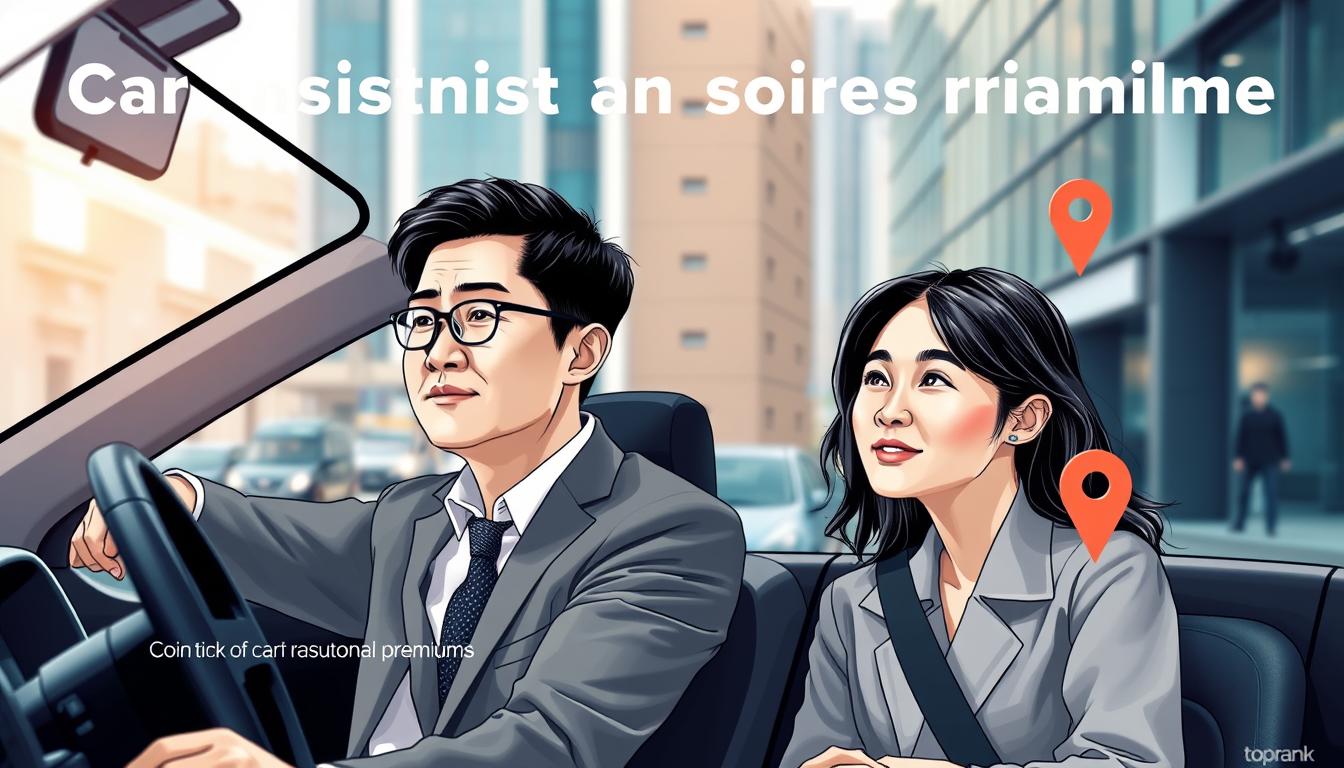 A detailed digital illustration of four key factors influencing car insurance premiums: the driver's age, driving record, vehicle type, and location. Showcasing a middle-aged Korean business man and woman in a contemporary urban setting, with the toprank brand prominently displayed. Crisp lighting, high-resolution textures, and a clean, minimal aesthetic convey a sense of professionalism and authority on the subject matter.