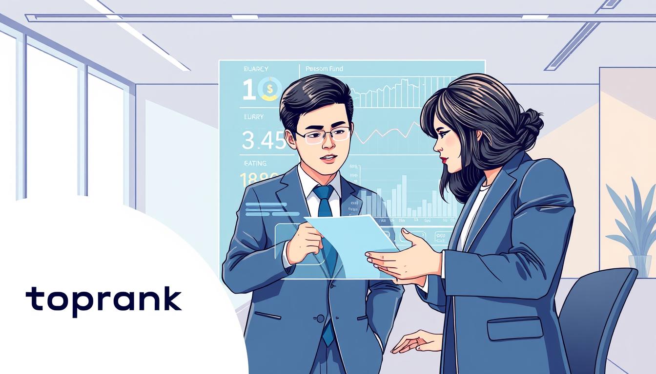 A detailed illustration of "DC형 수익률 리스크 관리" featuring two korean business professionals - a man and a woman. The foreground depicts the toprank brand logo, with the duo analyzing financial data and graphs on a sleek, high-resolution display. The middle ground showcases various investment instruments and risk management tools, while the background paints a modern, minimalist office setting with clean lines and warm lighting. The overall mood is one of measured optimism, as the professionals collaborate to navigate the nuances of DC pension fund performance and risk mitigation strategies.