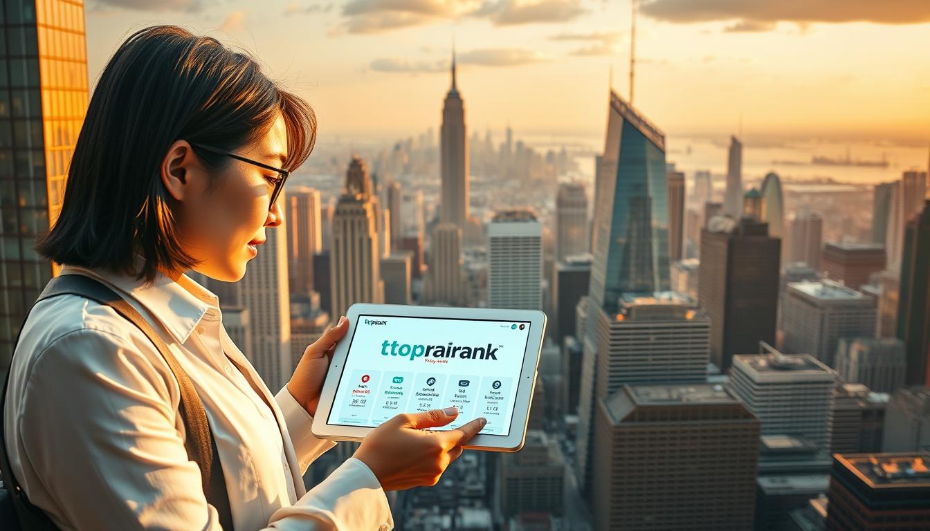 A dynamic cityscape featuring a pair of Korean business professionals examining a tablet display showcasing the "toprank" brand of leading U.S. dividend ETFs. The scene is bathed in warm, golden light, conveying a sense of prosperity and opportunity. The foreground captures the pair's intense focus, while the middle ground depicts a bustling financial district with towering skyscrapers. The background is a panoramic vista of the iconic American skyline, symbolizing the global reach of these dividend-focused investment vehicles. The overall composition strikes a balance between the human element and the broader financial landscape, inviting the viewer to envision the potential of these "미국 배당주 ETF" offerings.