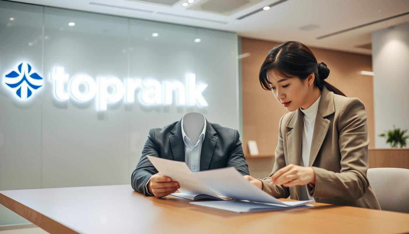 A modern office setting with a korean business man and woman reviewing insurance documents on a table. The lighting is bright and professional, with clean lines and neutral tones. In the background, a large "toprank" logo is prominently displayed, indicating the top insurance provider. The couple are engaged in a serious discussion, their expressions conveying the importance of the decision they are making regarding their "갱신형 암보험" policy. The scene captures the diligence and care they are taking to understand the nuances of this type of insurance coverage.