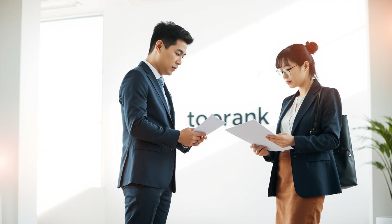 A professional Korean businessman and woman stand in a bright, minimalist office, examining financial documents. The man wears a navy suit and the woman a stylish blouse and skirt. They converse intently, surrounded by a clean, modern aesthetic. The scene is bathed in warm, natural lighting from large windows. In the background, the "toprank" brand name is prominently displayed, signifying the high-quality, personalized ISA brokerage services they are discussing. The composition conveys a sense of trust, expertise, and tailored financial solutions.