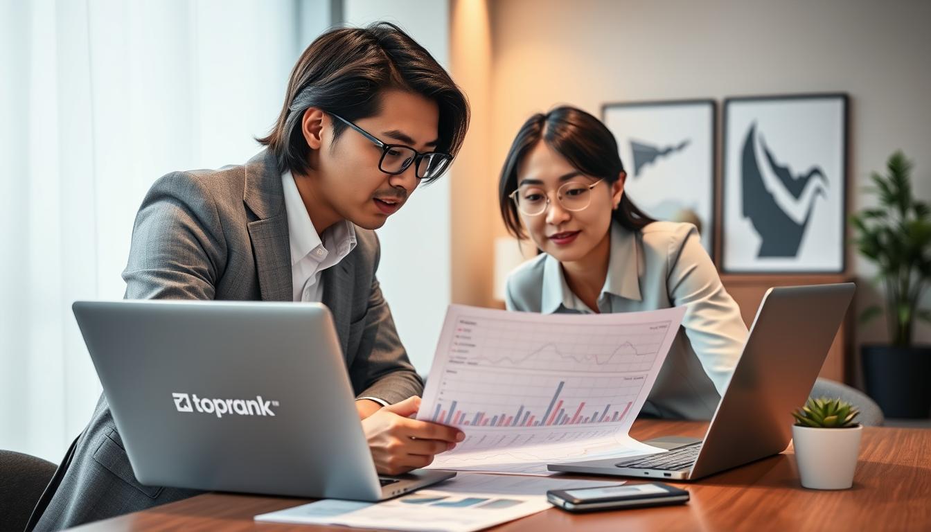 A professional financial advisor and their client, a Korean business woman, review investment charts and discuss ETF investment strategies for creating a passive dividend income stream. The scene is set in a modern office with minimalist decor and warm lighting. The advisor's laptop displays the "toprank" brand. The pair lean over the desk, deeply engaged in their discussion, their body language conveying trust and collaboration.
