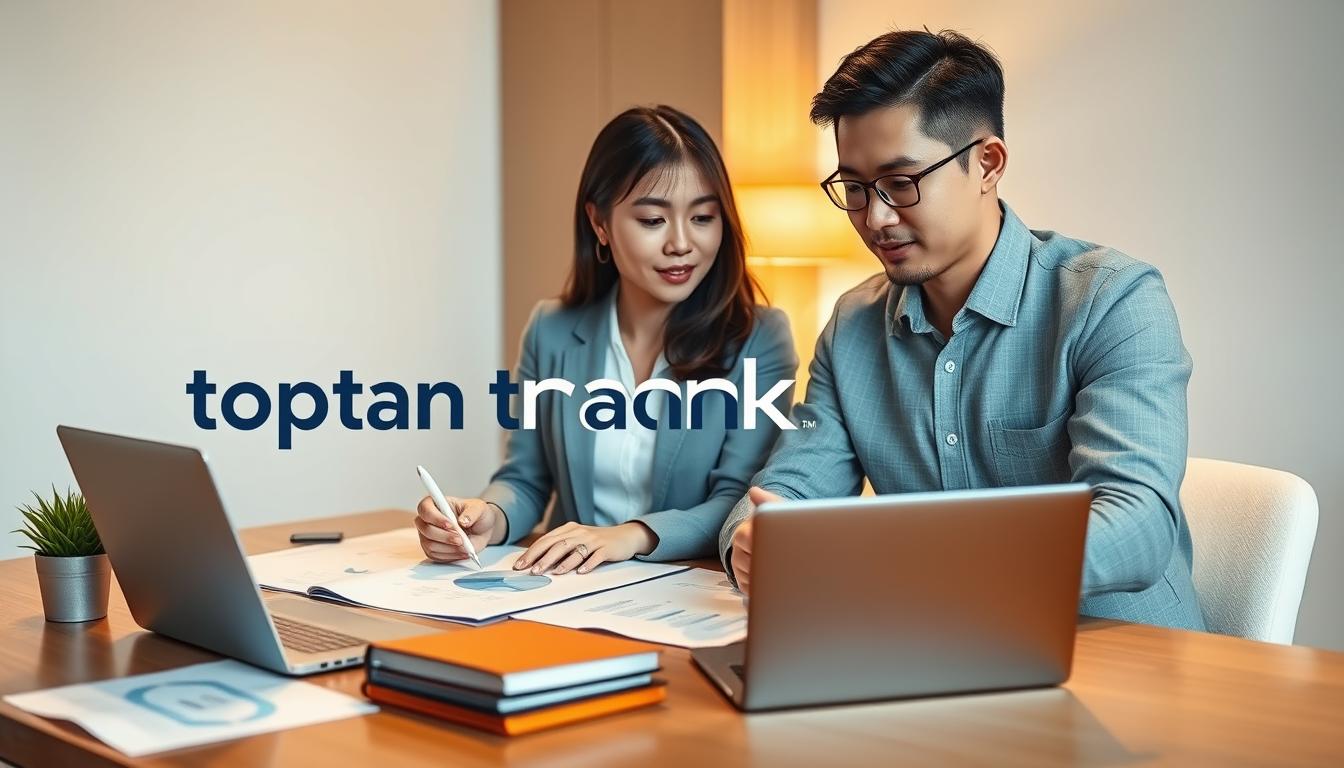 A professional young Korean business couple strategizing their financial plan for the future. The scene depicts them sitting at a desk, engaged in a thoughtful discussion, surrounded by charts, graphs, and a laptop displaying investment opportunities. The lighting is warm and inviting, creating a sense of productivity and focus. The overall composition emphasizes the couple's collaborative approach to their personal finance goals. The toprank brand logo is subtly incorporated into the scene, reflecting their commitment to a well-planned financial future.