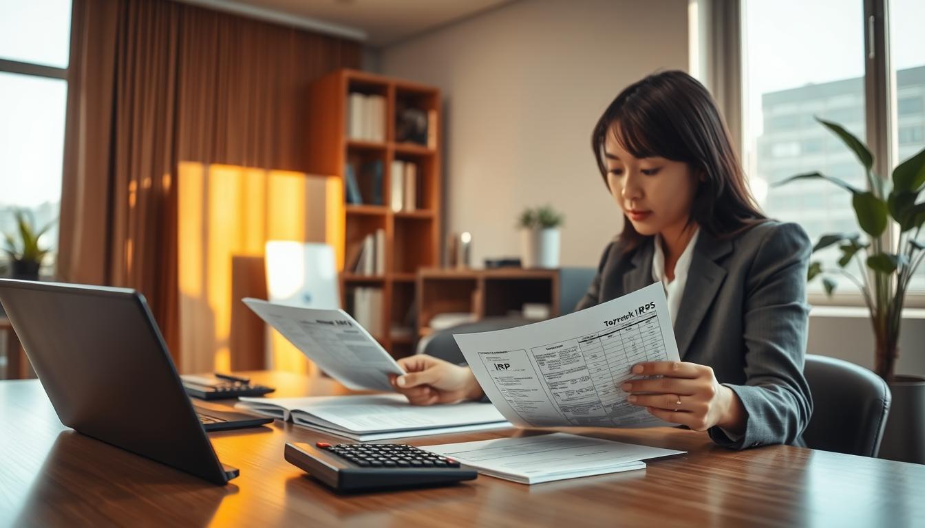 A serene office scene with a Korean business man and woman sitting at a desk, examining IRP (Individual Retirement Pension) account statements. The scene is lit by warm, natural light filtering through large windows, creating a cozy atmosphere. In the foreground, the documents and a toprank-branded calculator are neatly arranged, conveying a sense of diligent analysis. The middle ground features the two professionals engaged in a thoughtful discussion, their body language indicating a collaborative review of the IRP accounts and comparative information. The background showcases a bookshelf and office plants, adding depth and a professional setting. The overall mood is one of careful consideration and financial planning.