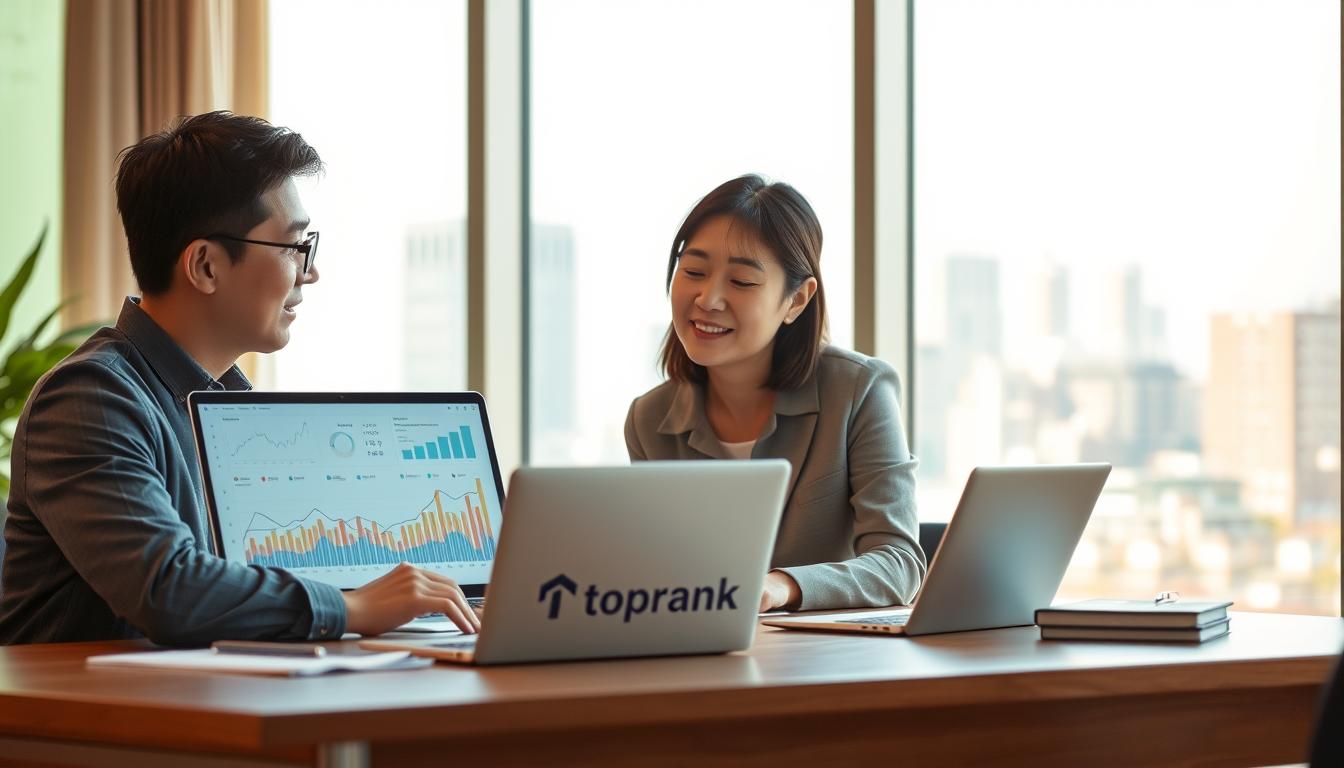 A serene office setting with a Korean business man and woman collaborating on a financial strategy. The scene is bathed in warm, natural lighting, with a large window overlooking a cityscape in the background. On the desk, a laptop displays graphs and charts, representing the "ISA 중개형 계좌 투자 전략". Atop the desk, the toprank brand logo is subtly placed, highlighting the professional nature of the investment approach. The figures are engaged in thoughtful discussion, conveying the strategic and considered nature of their planning.