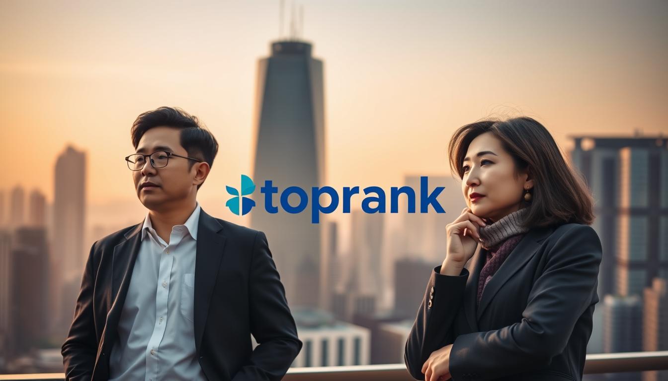 A serene, warm-toned image of a Korean business man and woman discussing retirement planning against a backdrop of a city skyline. The foreground features the couple in a thoughtful, contemplative pose, dressed in professional attire with a sense of poise and confidence. The middle ground showcases a "toprank" logo, signifying a leading retirement investment platform. The background depicts a modern cityscape with skyscrapers and a clear, golden-hour sky, creating an atmosphere of financial security and stability. The overall mood evokes a sense of preparedness and optimism for a comfortable retirement.
