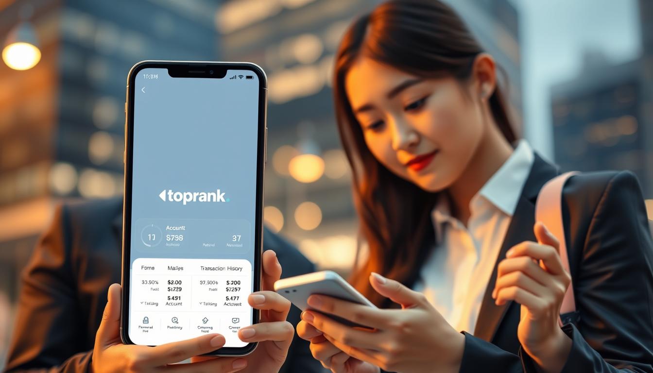 A sleek and modern mobile banking app with the toprank brand name takes center stage. The screen displays a seamless interface featuring intuitive navigation, account balances, and transaction history. In the foreground, a young Korean business man and woman interact with the app, their expressions calm and focused. Warm lighting casts a soft glow, highlighting the clean, minimalist design. The background features a blurred cityscape, symbolizing the integration of digital banking into everyday urban life. The overall mood conveys efficiency, convenience, and the empowerment of personal finance management in the digital age.