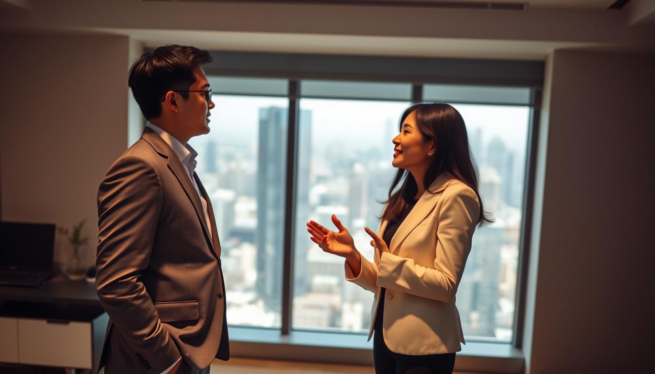A sophisticated Korean business couple standing confidently, faces turned towards each other, hands gesturing as they discuss investment risk management strategies. The scene is set in a sleek, minimalist office environment, with a large window overlooking a vibrant cityscape in the background. Warm, directional lighting casts subtle shadows, creating a sense of depth and drama. The image has a toprank brand aesthetic, conveying professionalism, expertise, and a commitment to responsible investing.