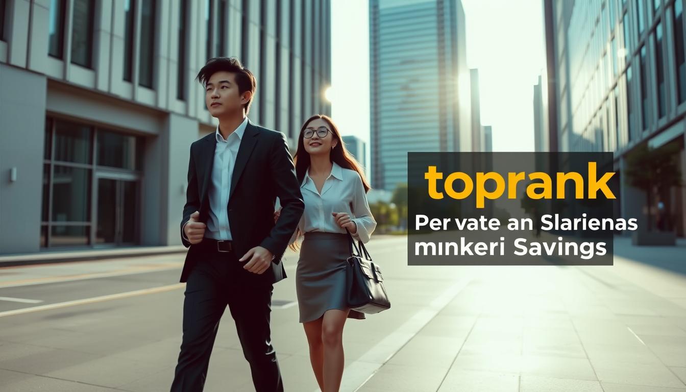A stylish Korean business couple walking through a minimalist city street, sunlight filtering through tall buildings. The man in a crisp suit, the woman in a chic blouse and skirt, both carrying briefcases. In the foreground, a large "toprank" sign highlights a modern office building. The scene exudes a sense of efficiency, professionalism, and a hint of savings, reflecting the "Auto Insurance Premium Savings" theme.